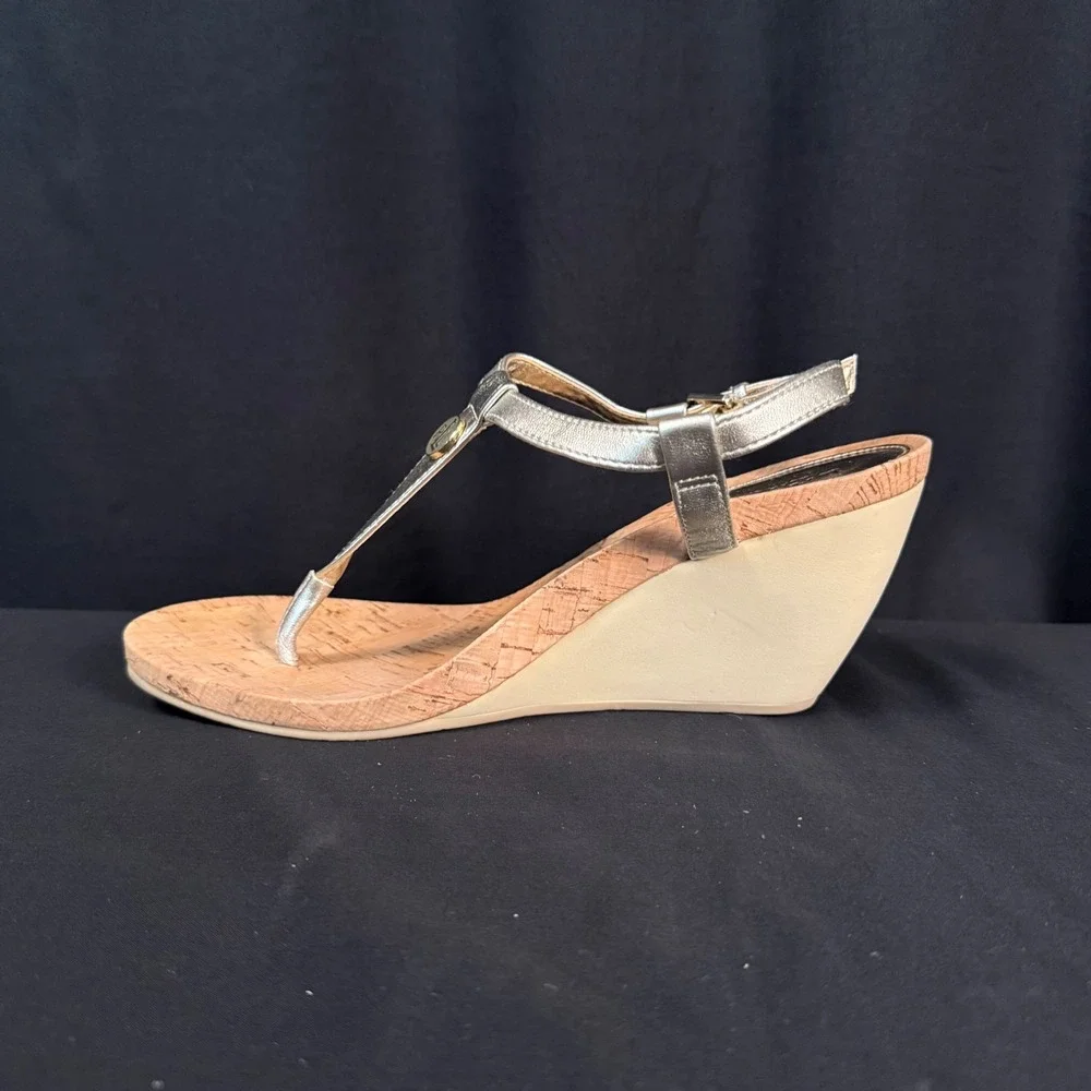 Lauren Ralph Lauren Reeta Cork Wedge Sandals Platino Silver Metallic Womens 8.5B